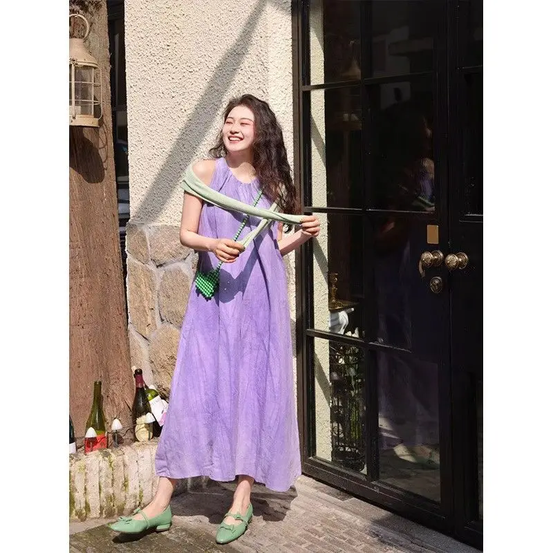 

Unique And Gentle Style Purple Sleeveless Hanging Neck Dress For Women In Summer, High-End And Loose Long Skirt