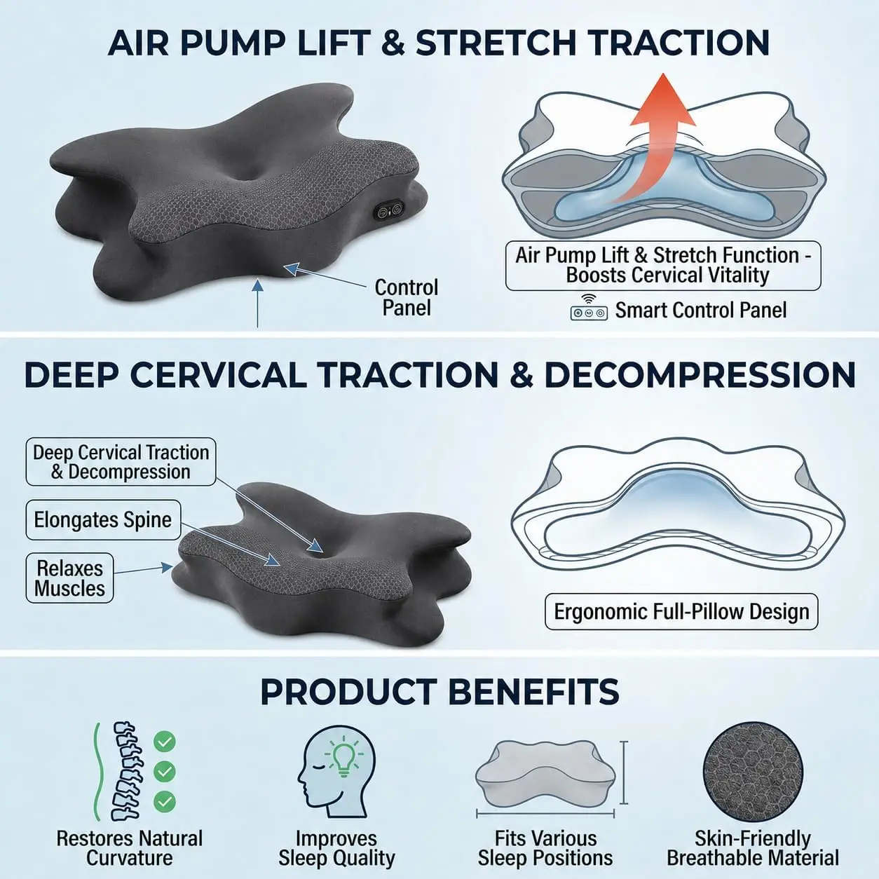 3-in-1 Cervical Neck Pillow for Pain Relief, Rechargeable Side Sleeper Pillows with Heat Vibration Airbag Lift, Memory Foam Cont