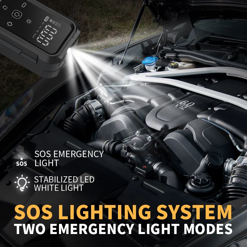 เครื่องอัดลมไร้สายสำหรับรถยนต์ ปั๊มลมไฟฟ้าสำหรับเติมลมยางรถจักรยานยนต์ จักรยาน และรถยนต์ พร้อมไฟ LED