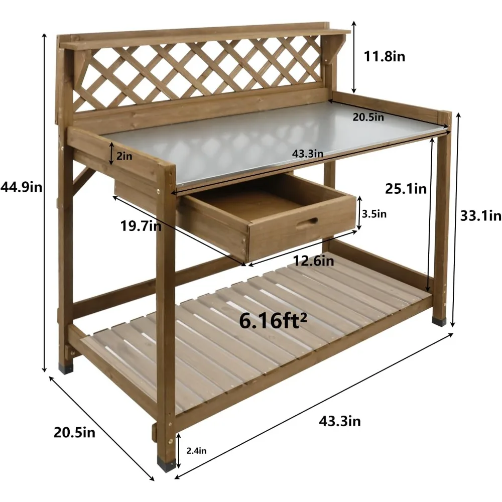 Garden Potting Benches & Tables,Outdoor Wooden Work Station W/Metal Table Top,Drawer,Large Bottom Shelf