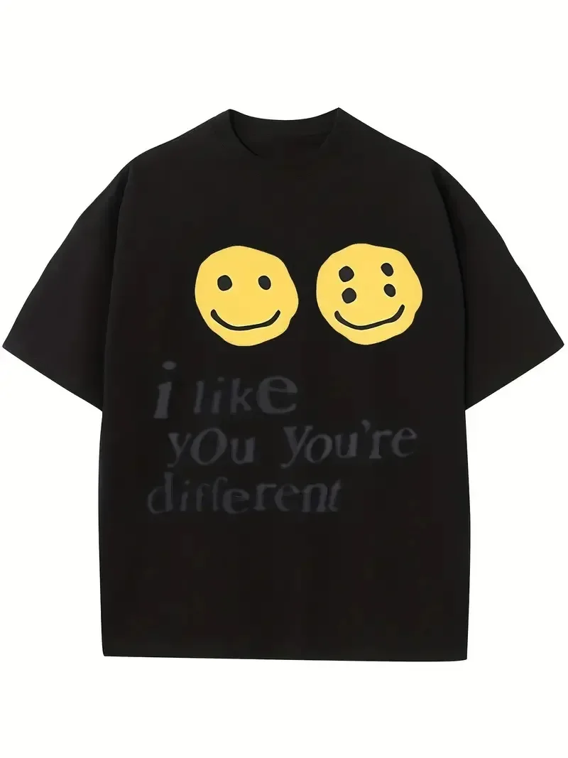 I Like You You're Different Print T-shirt, Men's Casual Street Style Stretch Round Neck Tee Shirt For Summer T-shirt Men's Tee