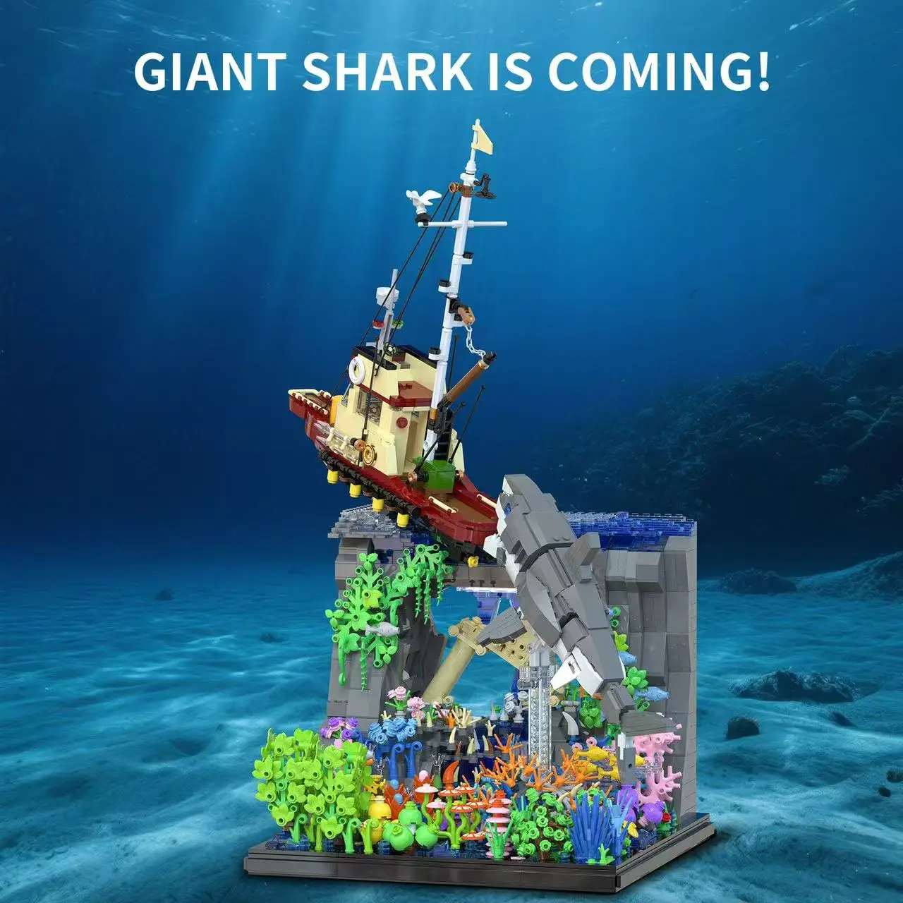 

MOC A Thrilling Ocean Adventure Story Giant Shark Is Coming Модель Строительные блоки Настольный орнамент Кирпичная головоломка DIY Игрушки Подарки для детей