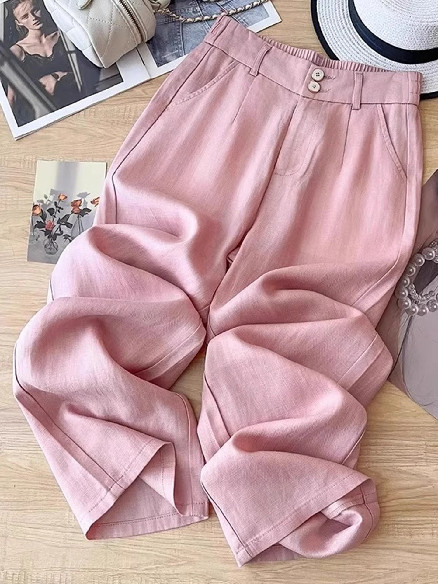 

Qui Dry Spor Широкие брюки женские летние тонкие большие размеры повседневные утягивающие свободные брюки с высокой талией Lazy Sle прямые брюки