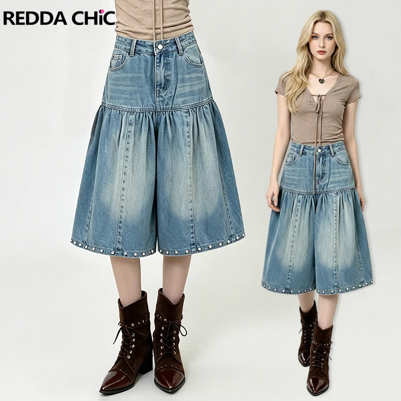 

REDDACHiC Rivet Cuffs Women Jean Skorts Lounge Distressed Wide Leg High Waist Stitch Ruffle Bloomers Summer Vintage Streetwear
