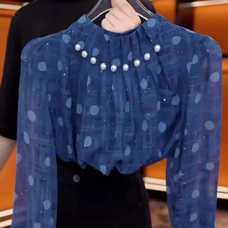 

Синий длинный све воротник-стойка в горошек, женский повседневный дышащий тонкий осенний топ из полиэфирного волокна, модный