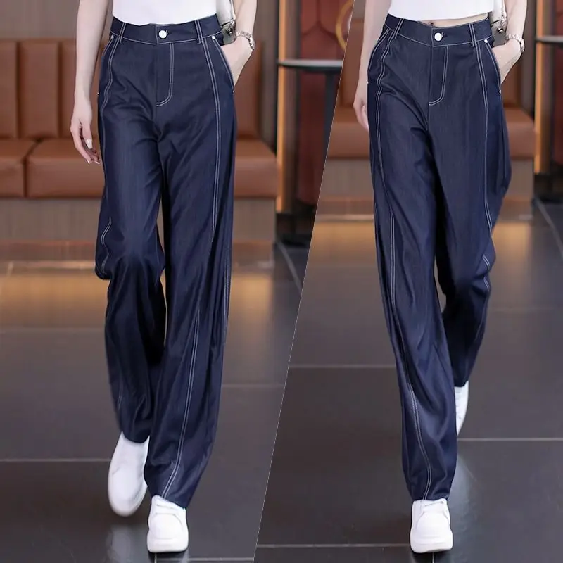 

Tencel Denim Baggy Wide-leg Pants Women Summer Thin Jeans New High Waist Hanging Loose Ice Silk Famale Straight Leg Trousers