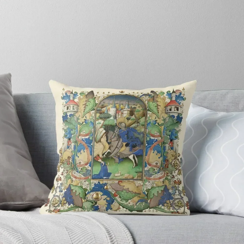 Saint George,Dragon and Princess ,Medieval Miniature in Blue Green Floral Leaves Throw Pillow Sofa Cover pillow