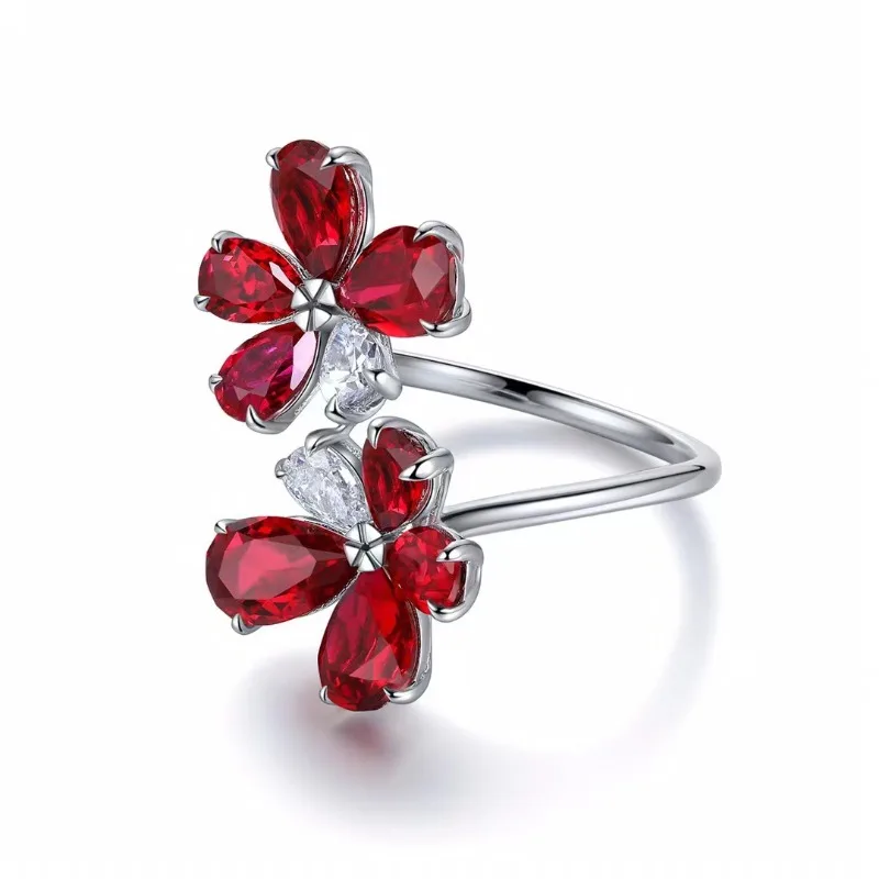 Ruihe New Luxury Flowers Shape 925 Silver 5.82ct Lab Grown Ruby Simulated Diamond Ring for Women Daily Office Jewelry