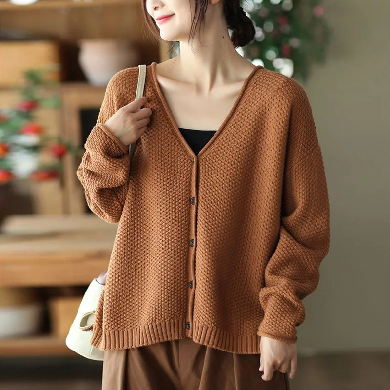 

Retro Stripe V-Neck Fashion Knit Sweater 2023 New Autumn Winter Cardigan Women Sweater Casual Loose Single Breasted Sweater