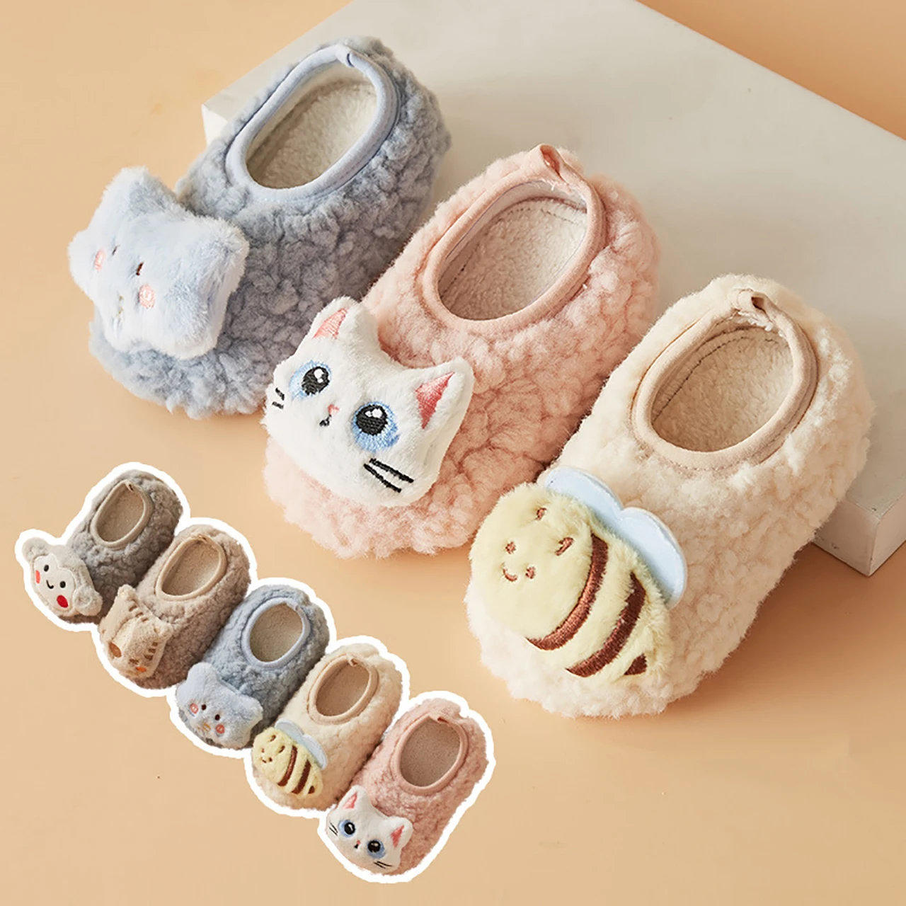 6-24Month Newborn Walking Socks Cute Cartoon Plush Soft Soled Shoes Anti Slip Infant Shoe Covers Winter Kids Thermal Headgear