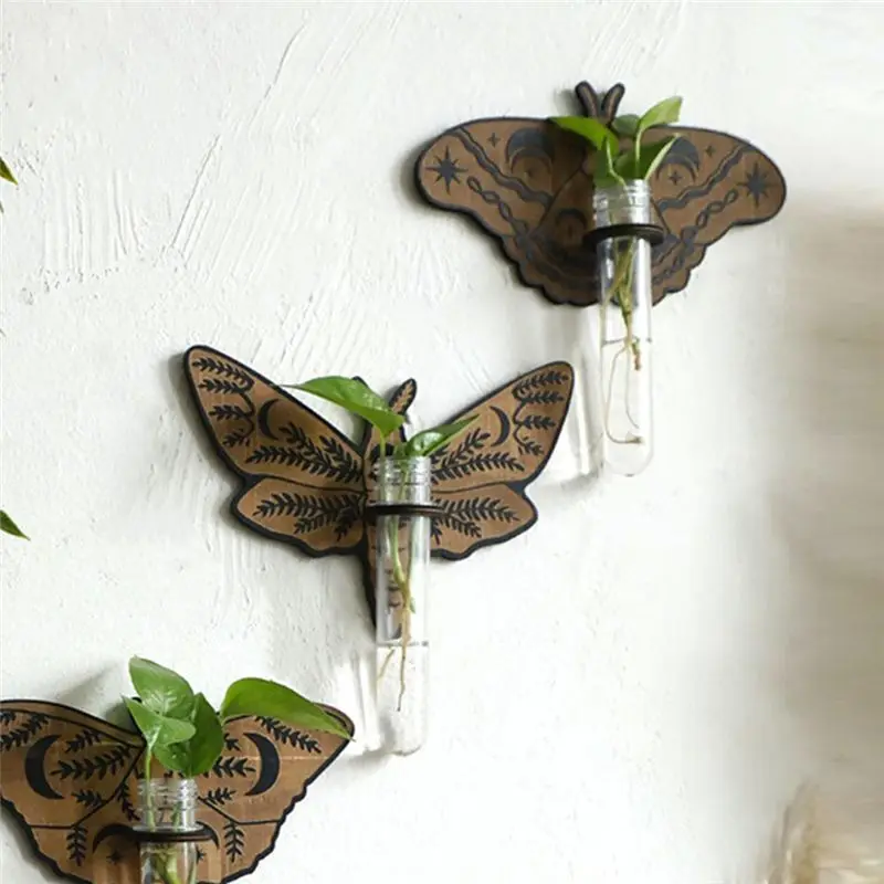 AA94-Butterfly Wall Mounted Breeding Station, Wooden Hanging Plant Holders, Indoor Plants With Plastic Tubes,