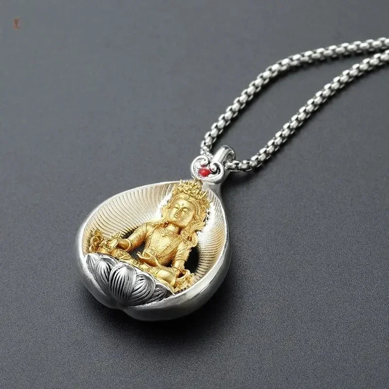 S999 Foot Silver Tibetan Buddha Bodhi Leaf Pendant King Manjusri Bodhisattva Huang Caishen Guanyin 4 Arm Bless Necklace Chamrs