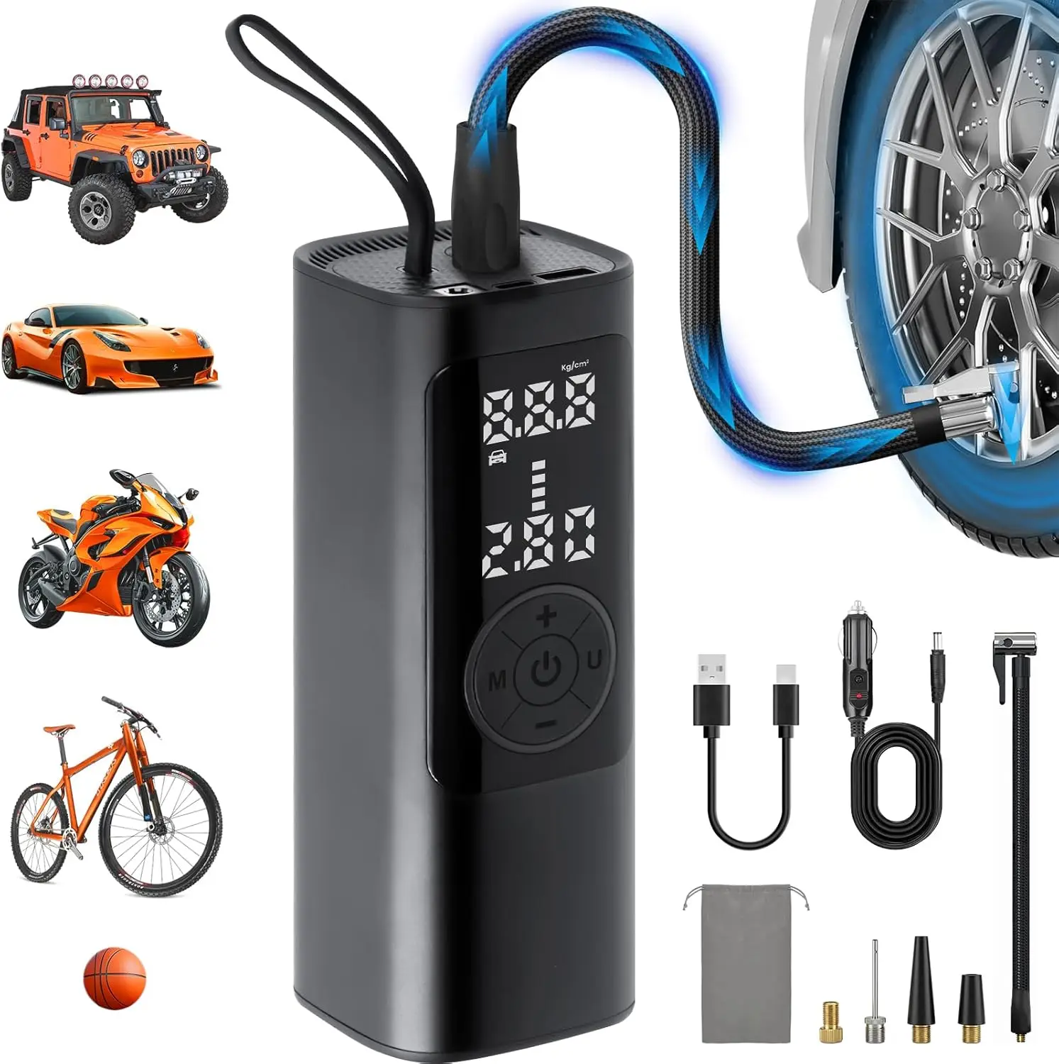 

Портативный компрессор для подкачки шин, беспроводной воздушный насос 150PSI с аккумулятором и питанием 12В DC, цифровым манометром и LED-подсветкой