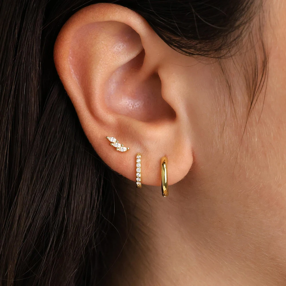 3PCS Silver Color Stackable 14k Gold Plated Earrings Set for Women Dainty Zircon Multiple Huggie Hoop Earring Piercing Jewelry