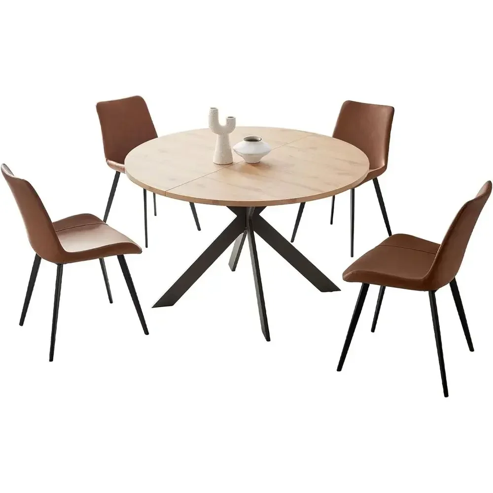 46.4 Round Dining Table Set for 4-6 People with Steel Legs, Suitable for Home or Office, Space-Saving Design (1 Table + 4 Brown