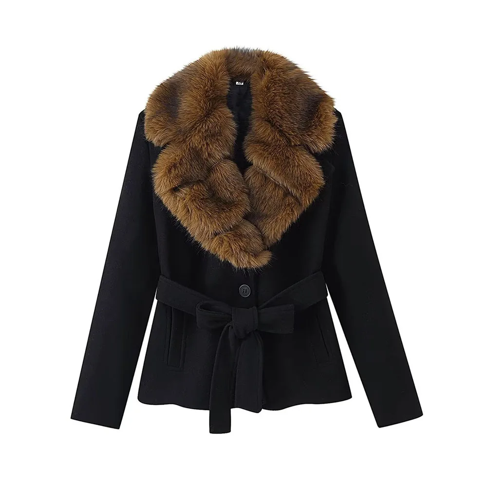 

Autumn and winter new women's vintage style elegant and casual fitted waist long-sleeved fur collar wool coat