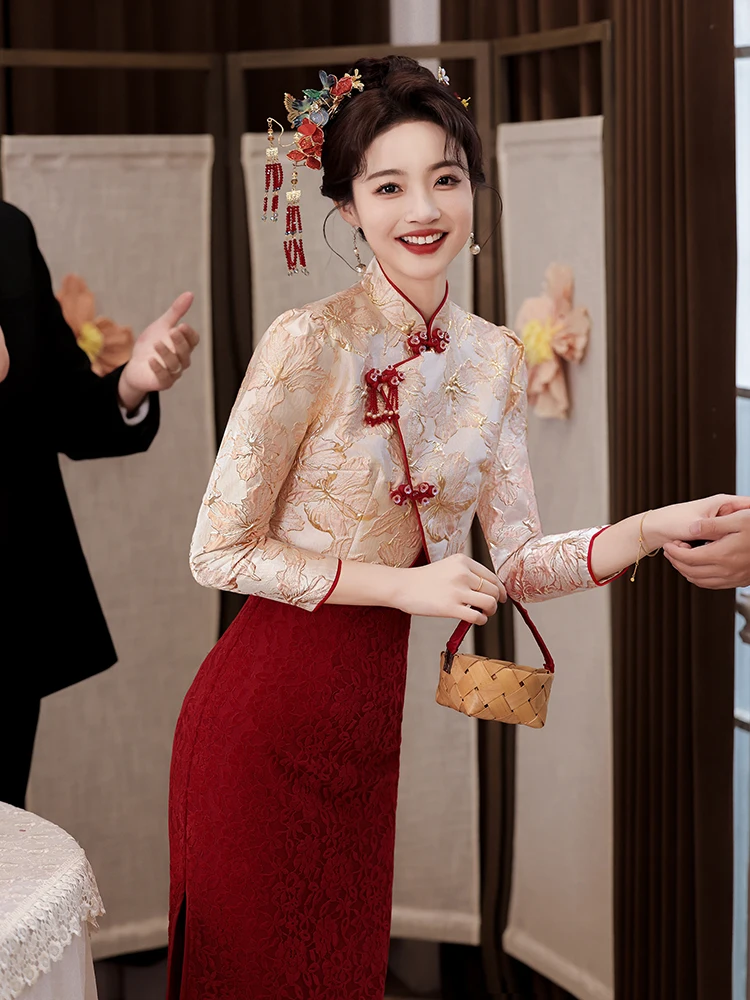 

Red Lace Long Sve Wedding Dr Qipao for Women ort Stature Marriage Ceremony Winter Sle Floral Pattern