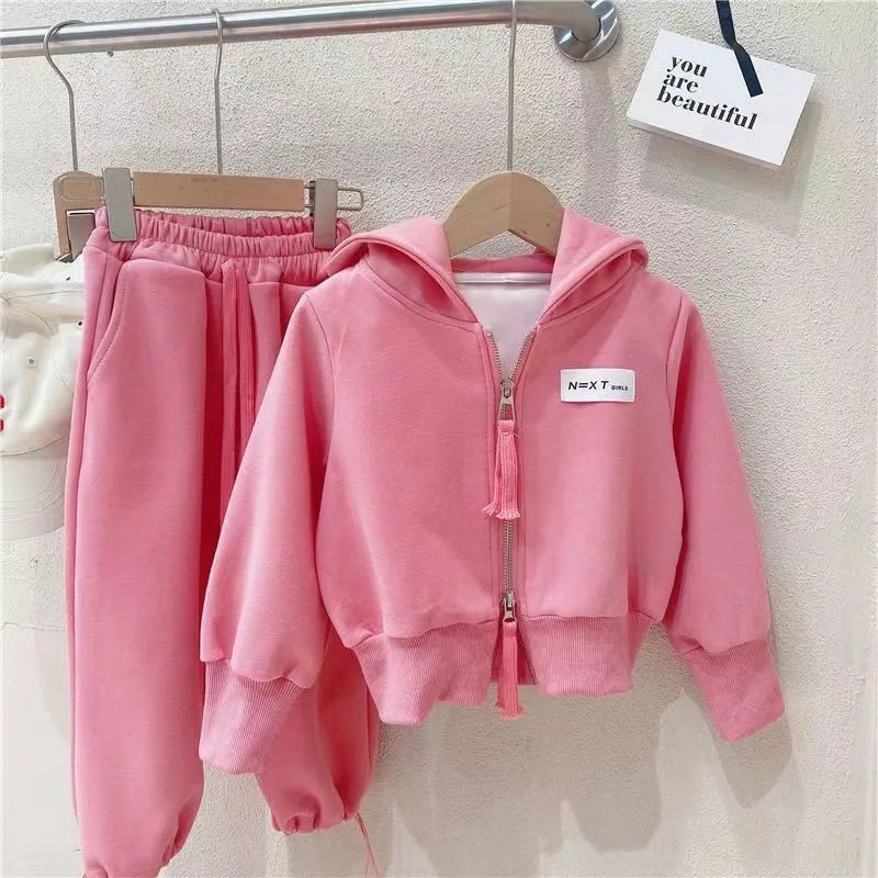 2023 Children\'s Sports Set Spring and Autumn Korean Edition Girls\' Double Zip Hooded Coat Casual Pants Two Piece Set Fashion