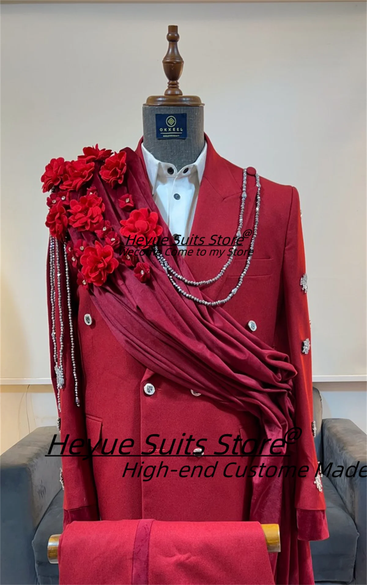 Customized Luxuly Red Groom Wedding Tuxedos 2 Pcs Sets Customized Slim Fit Double Breasted Male Prom Blazers Elegant Ropa Hombre