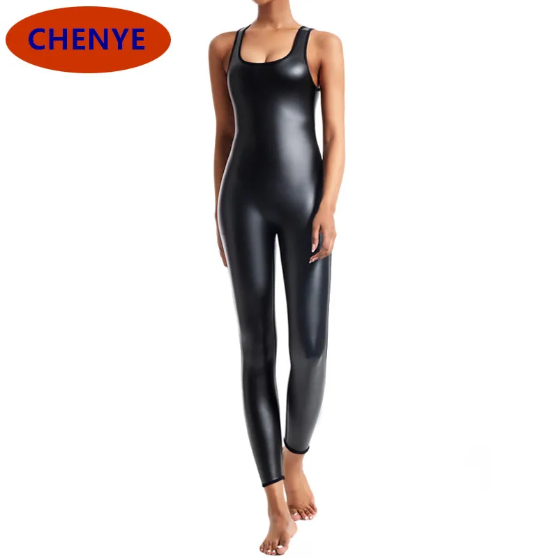 

Women Sexy Faux Leather Jumpsuit Sporty Jumpsuit Raises Butt Woman Gym Set One Piece Sport Suit Sleeveless Yoga Fitness Overalls