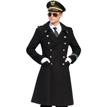 Men's Black Wool Greatcoat 2 Woolen General Coat Men's German Officer Autumn Winter Uniform Mid length Double breasted Black Wool Greatcoat Coat Tops 2