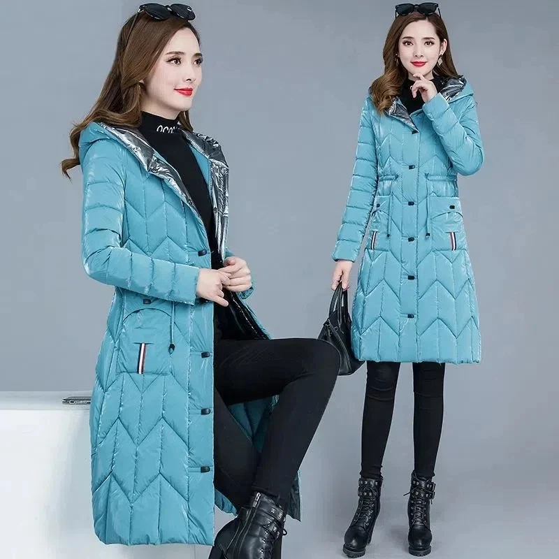 Shiny Down Cotton Jacket Womens 2024 Winter New Korean Slim Versatile Padded Coat Female Large Size Hooded Long Parkas L-5XL