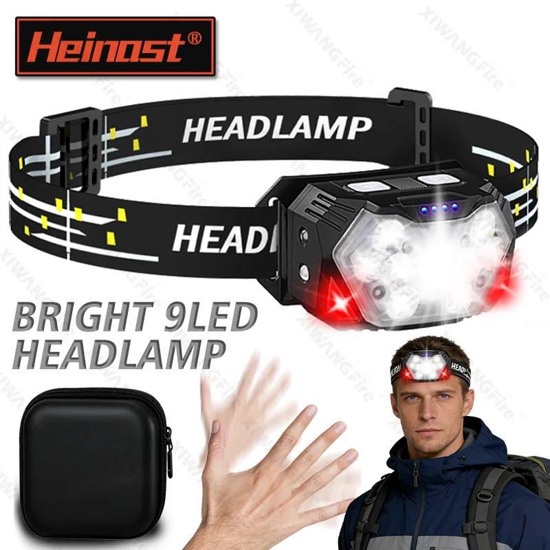USB Rechargeable Headlamp, 9LED Motion Sensor Head Flashlight with Red SOS Mode,Hands Free for Outdoor Camping Jogging Emergency