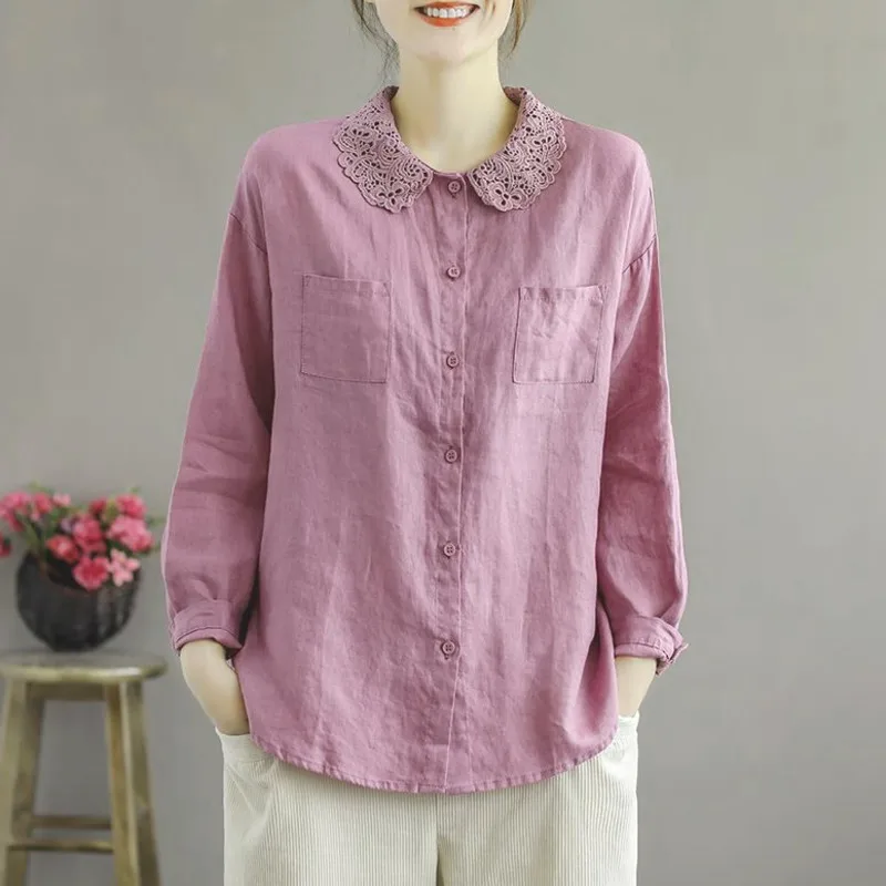 

Vintage Lace Shirts Women Casual Solid Button Lapel Blouses Shirts 2025 Spring Autumn Long Sleeve Loose Tops Tunic Blusas