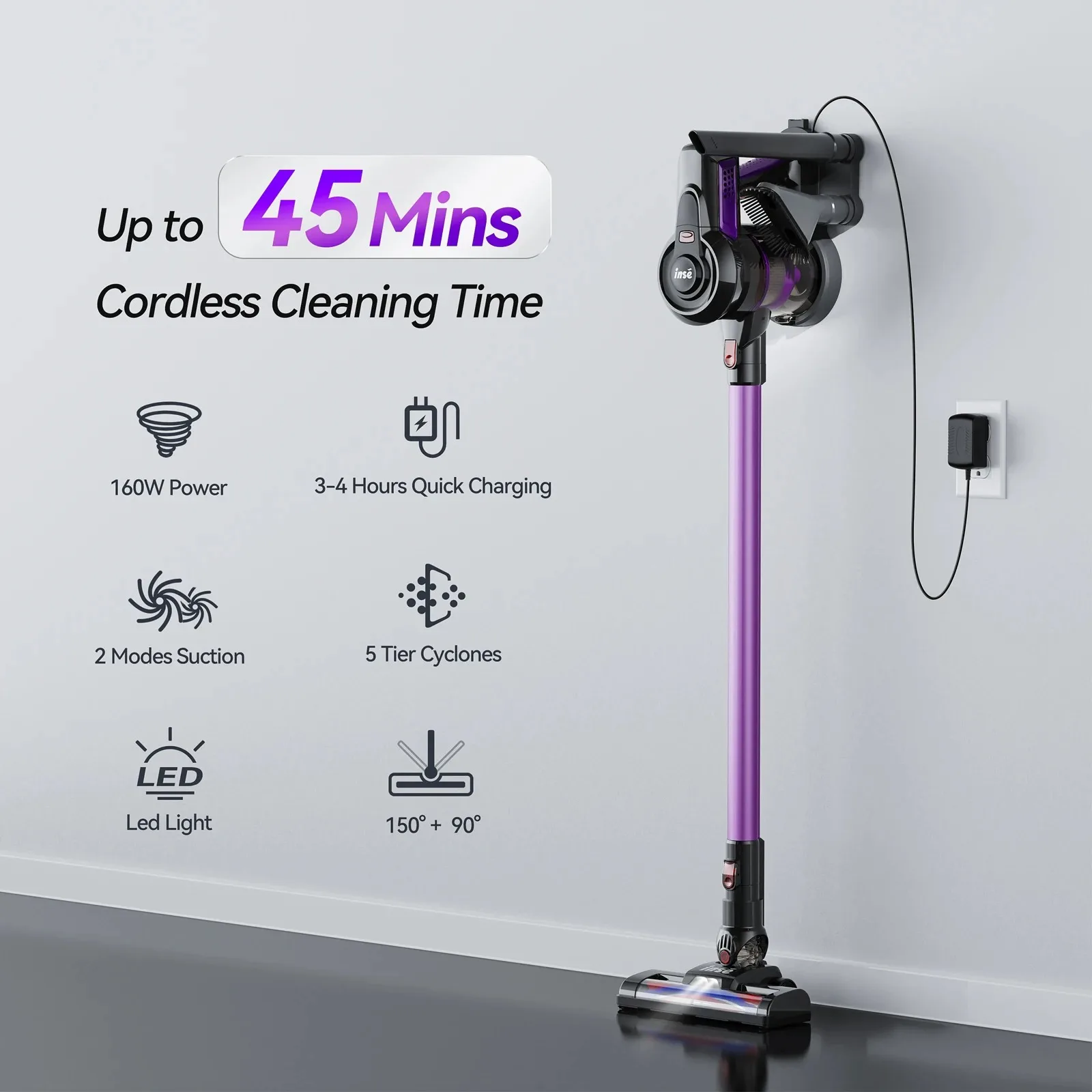 INSE N660 Cordless Vacuum Cleaner 160W Powerful Suction  6-in-1 Stick Handheld Vacuum Up to 45 mins Runtime for Household Clean