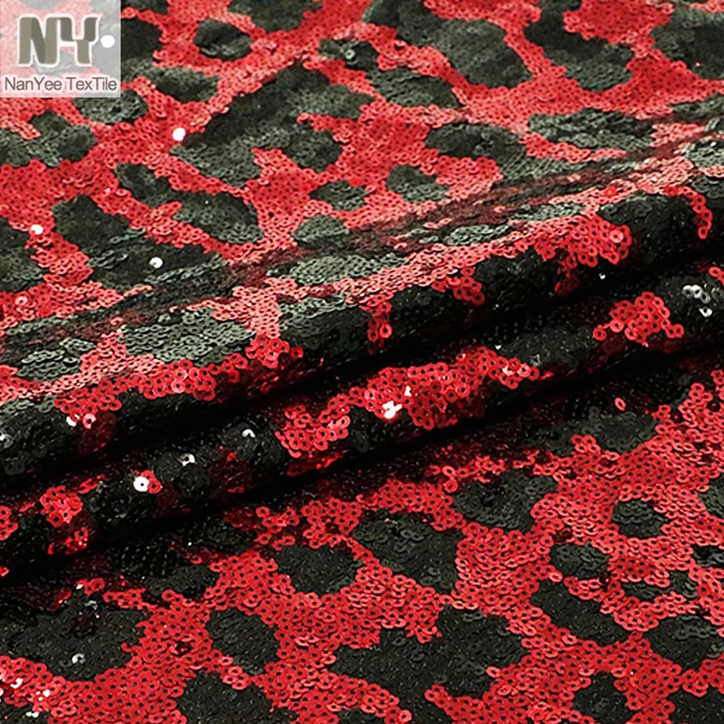 5mm preto + vermelho plano sobreposto bordado leopardo lantejoulas tecidos estampas animais lantejoulas tecido de malha para vestido jaqueta