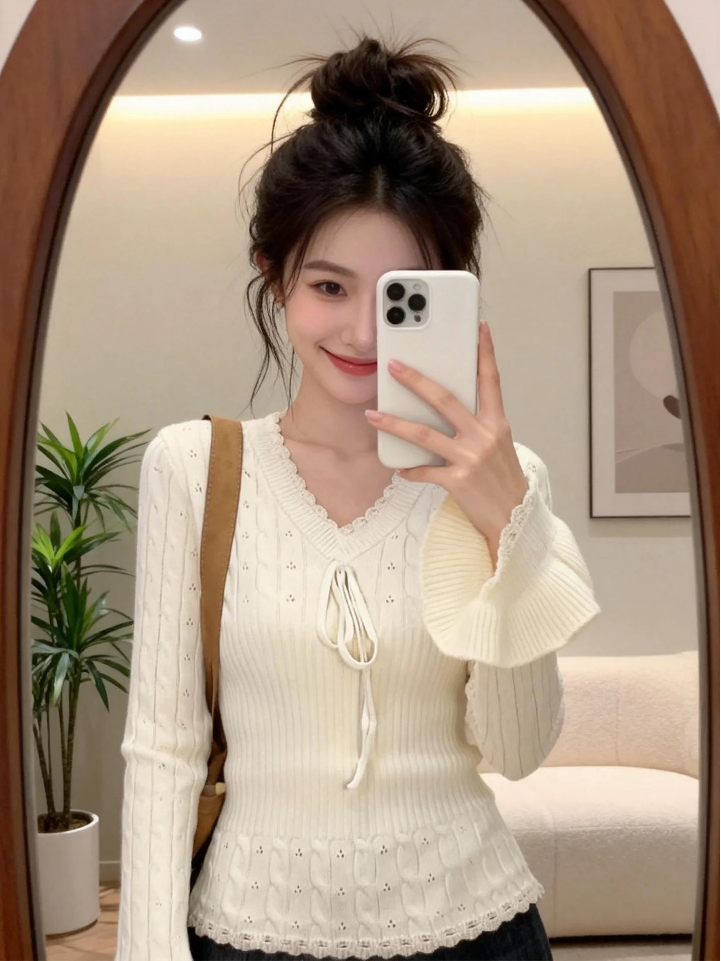 Coreano sle v-ne oco para fora malha topo feminino fino ajuste ort svel irt floral sve roupa interior inverno faion