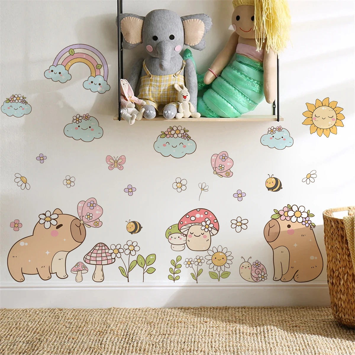 Cartoon Cute Brown Capybara Butterflies Rainbow Watercolor Wall Sticker Child Room Wall Art Decal Kids Room Living Home Decor view 3