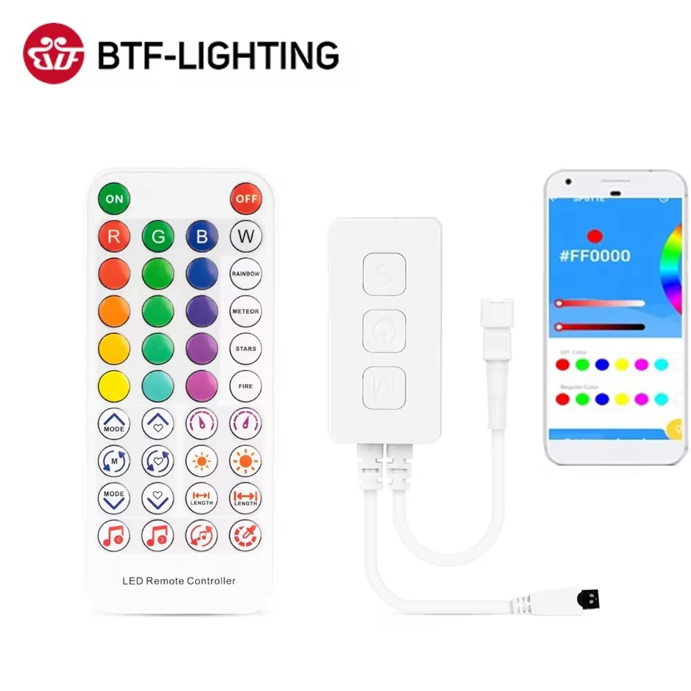 WS2811 WS2812B Pixels Controller Music Bluetooth App IR38 Keys Built In Mic WS2812 SK6812 RGBW FCOB RGB IC Addressable 5V-24V