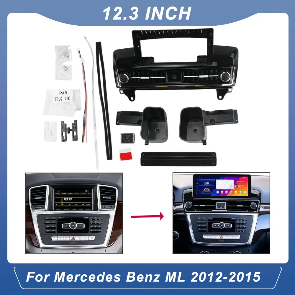 For Mercedes Benz ML 2012-2015 12.3 Inch Glossy Black Android Navigation Screen Mount Frame Car Dashboard Fascia Trim Kit