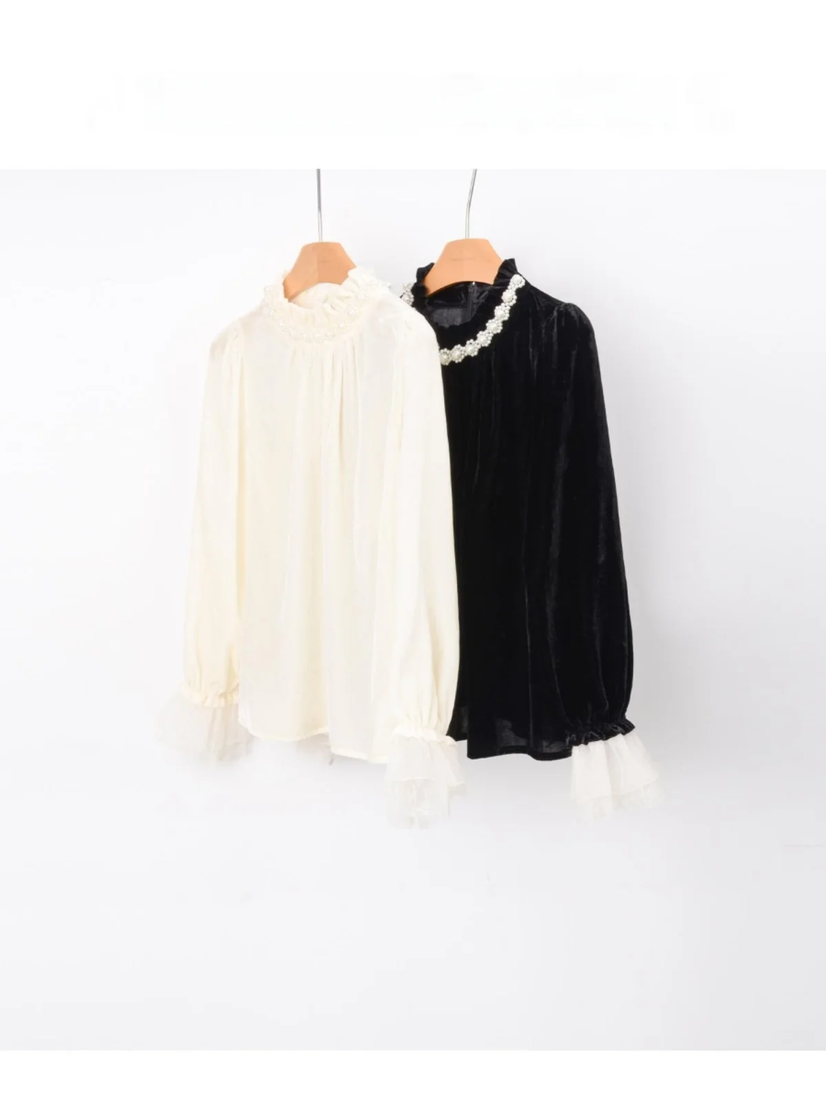 

PINZIKO Romantic Pearl Lace Collar irt Luxury Rabbit Design Base Layer Top French Sle Slim Fit Long Sve Women's irt