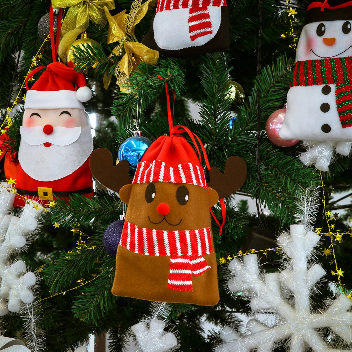 

12Pcs Christmas Candy Bags Set with 4 Lovely Holiday Patterns 3 of Each Reusable Fabric Treat Pouches for Gifts Decorations
