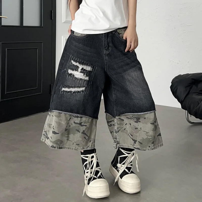 ANJY Spring Summer New Women's American Style Retro Camouflage Patchwork Denim Cropped Pants Loose Wide Leg Casual Shorts A24302
