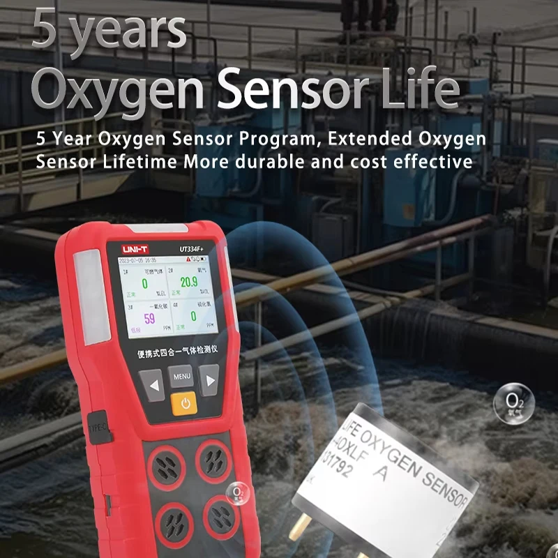 UNI-T UT334E+/F+ 4 in 1 Natural Gas Detector O2 H2S CO LEL Oxygen Hydrogen Sulfide Carbon Monoxide Combustible Gas Leak Detector