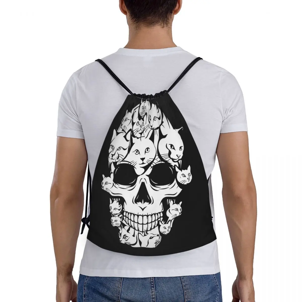 

Halloween Funny Cat Skull Cat Min Backpacks Fashion Drawstring Bags Sports Bag Book Bags for Travel School