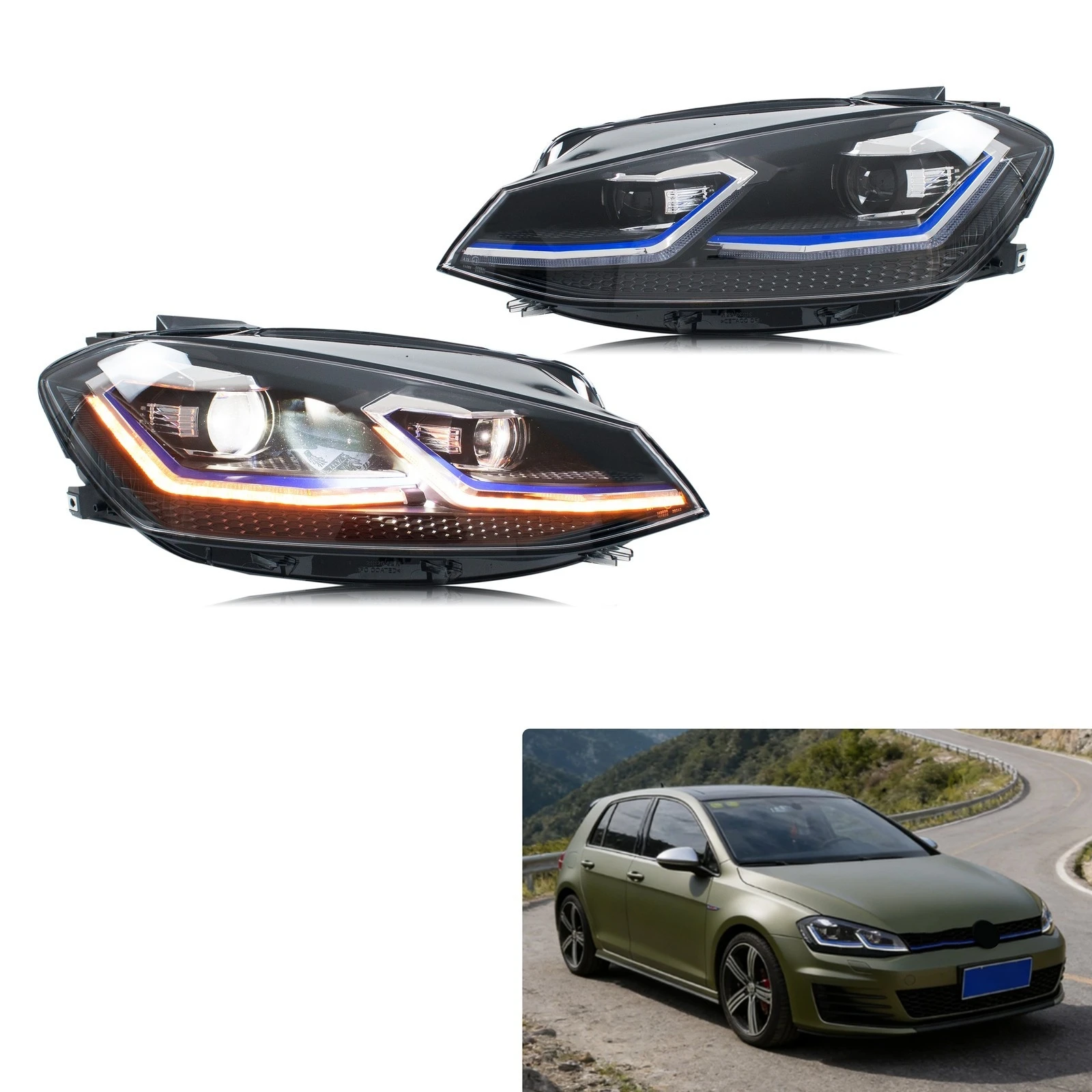 LED-Scheinwerfer für Volkswagen VW Golf 7.5 MK7.5 TSI TDI 2018-2021 Blaue Linie DRL Frontleuchten-Set [Nicht passend für GTD/R/GTI]
