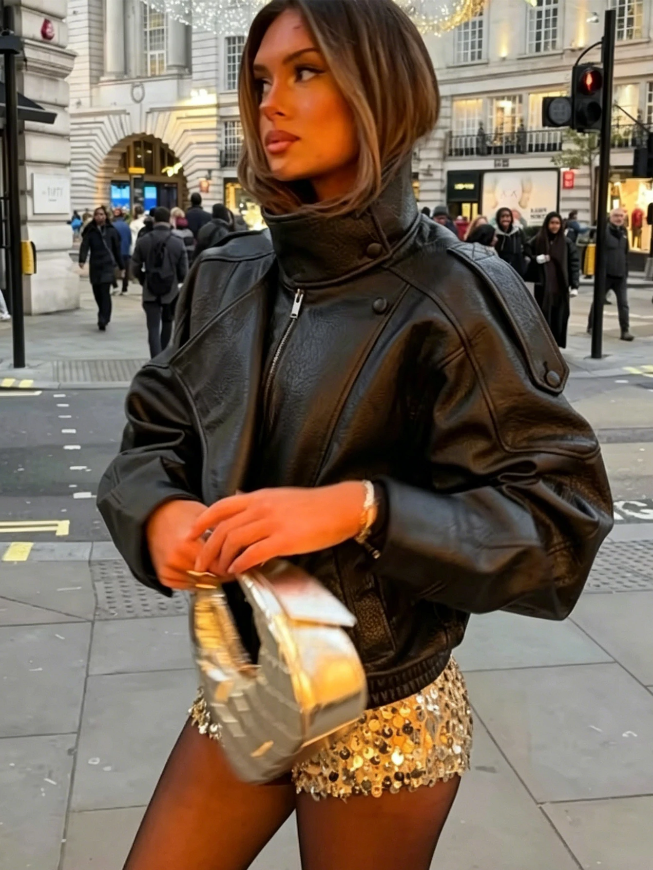 

Женская свободная куртка из искусственной кожи с воротником-стойкой, длинными рукавами, модная повседневная верхняя одежда на молнии для осени и зимы