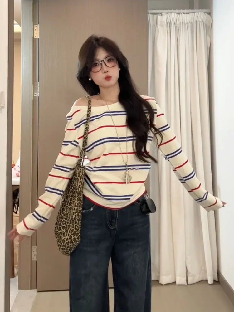슬림핏 스트라이프 롱 슬리브 티셔츠 여성용 오버헤드 숄더 디자인 가을 아우터 캐주얼 라운드 넥 빈티지 슬리브 탑