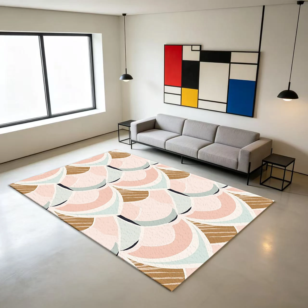Pastel Geometric Curved Pattern Carpet Floor Modern Boho Style Abstract Art Rug Suitable for Home Living Room Decoration