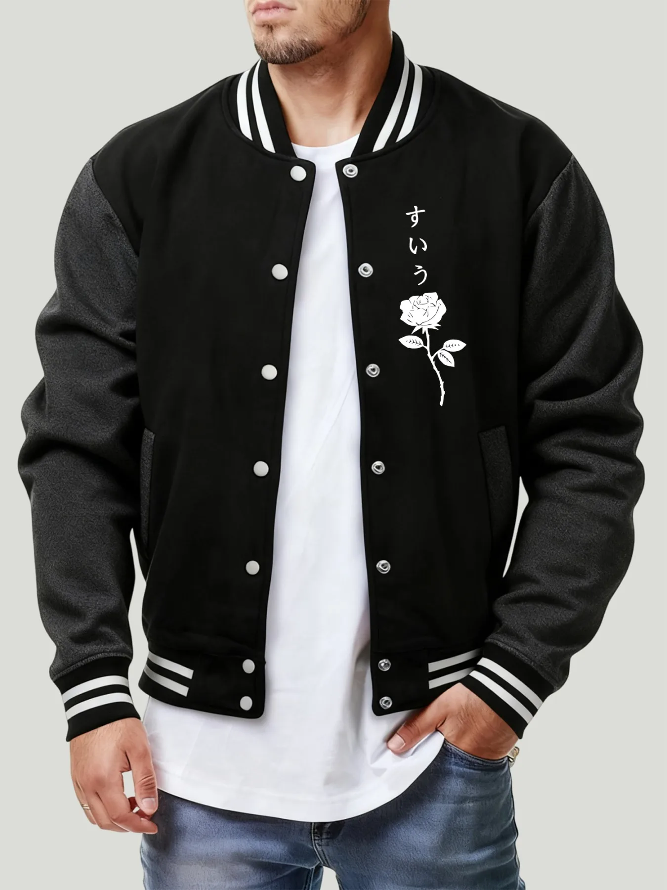 

White Rose Print Men Jackets Hip Hop Casual Baseball Jersey Fleece Oversize Clothes Autumn Warm Vintage Tops Fashion Coat