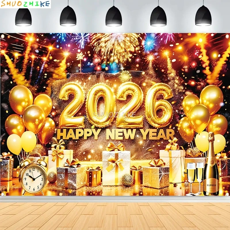 

2026 Gold Happy New Year Background Glitter Clock Champagne Lights Balloons Christmas Family Party Photography Backdrop AW-01