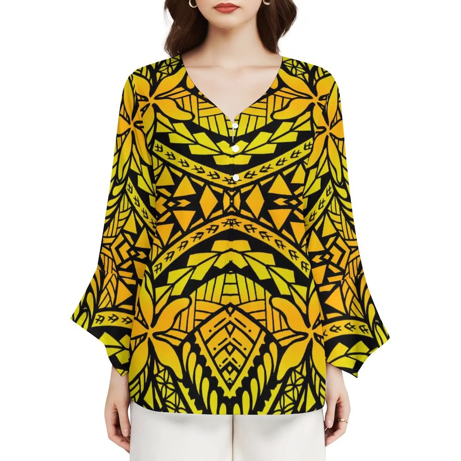 Samoa Fiji Islands Custom Women Autumn Long Sleeve Top Temperament Loose V-Neck Petal Sleeve Design Polynesian Ethnic Style