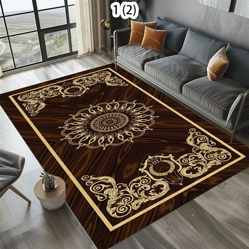 Retro Greek Key 2D Wood Inlay Area Rug Gold Floral Print NonSlip Floor Mat for Living Room Bedroom Luxury Home Decor
