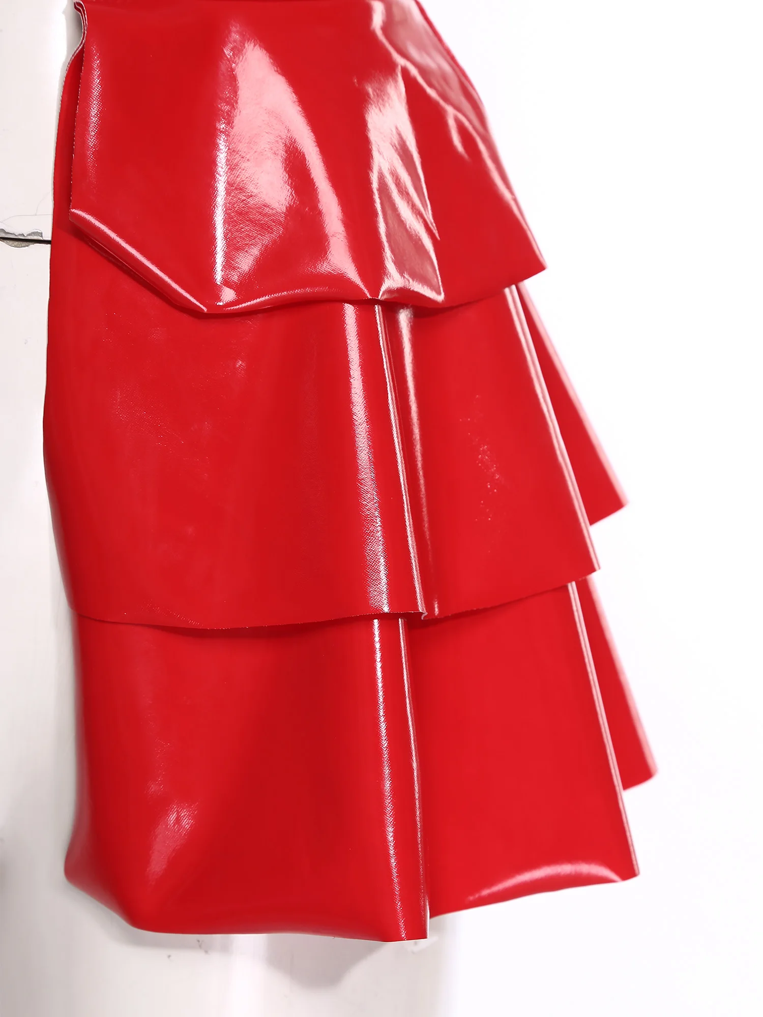 

Women Party Club Wet Look Shiny Mini Skirt Front Cutout Waist Tiered Ruffled A-line Miniskirt for Nightclub Raves Cover Skirts