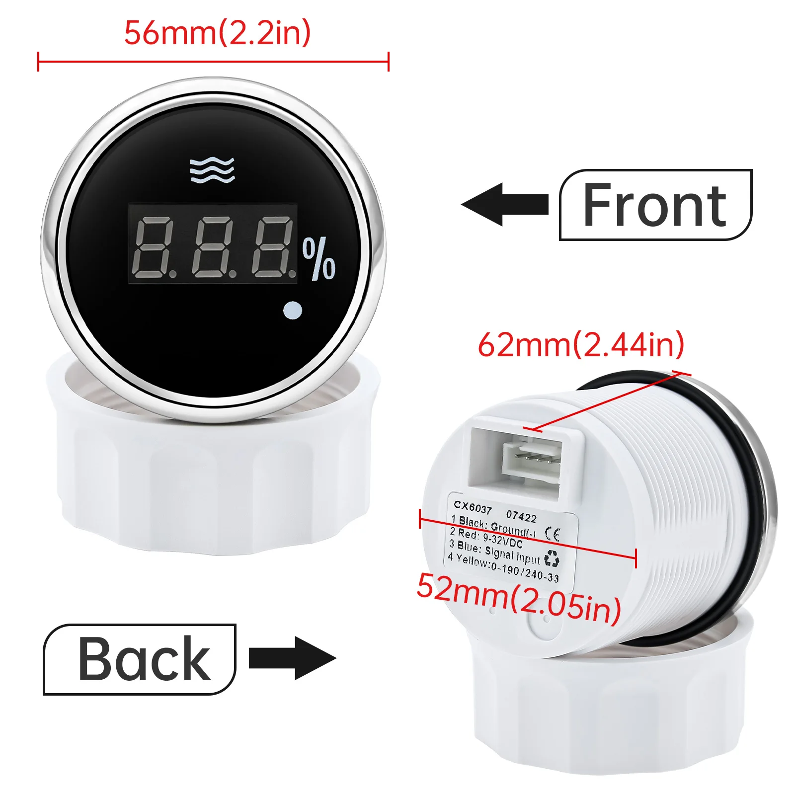 52mm Digital Water Level Gauge Warning Light Red Backlight  0-190ohm/240- 33ohm Fit Marine Fuel Level Sensor 12V/24V