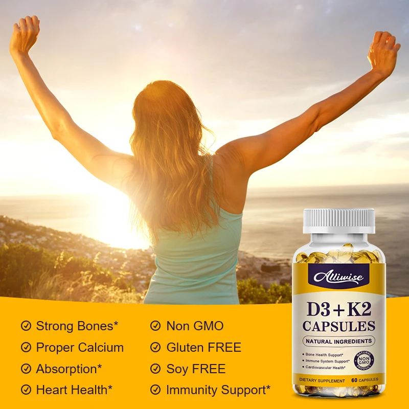 Alliwise  Vitamin D3 + K2 Capsules Supports Calcium for Stronger Bones Immune Health VC VK Complex Dietary Supplement for Adults